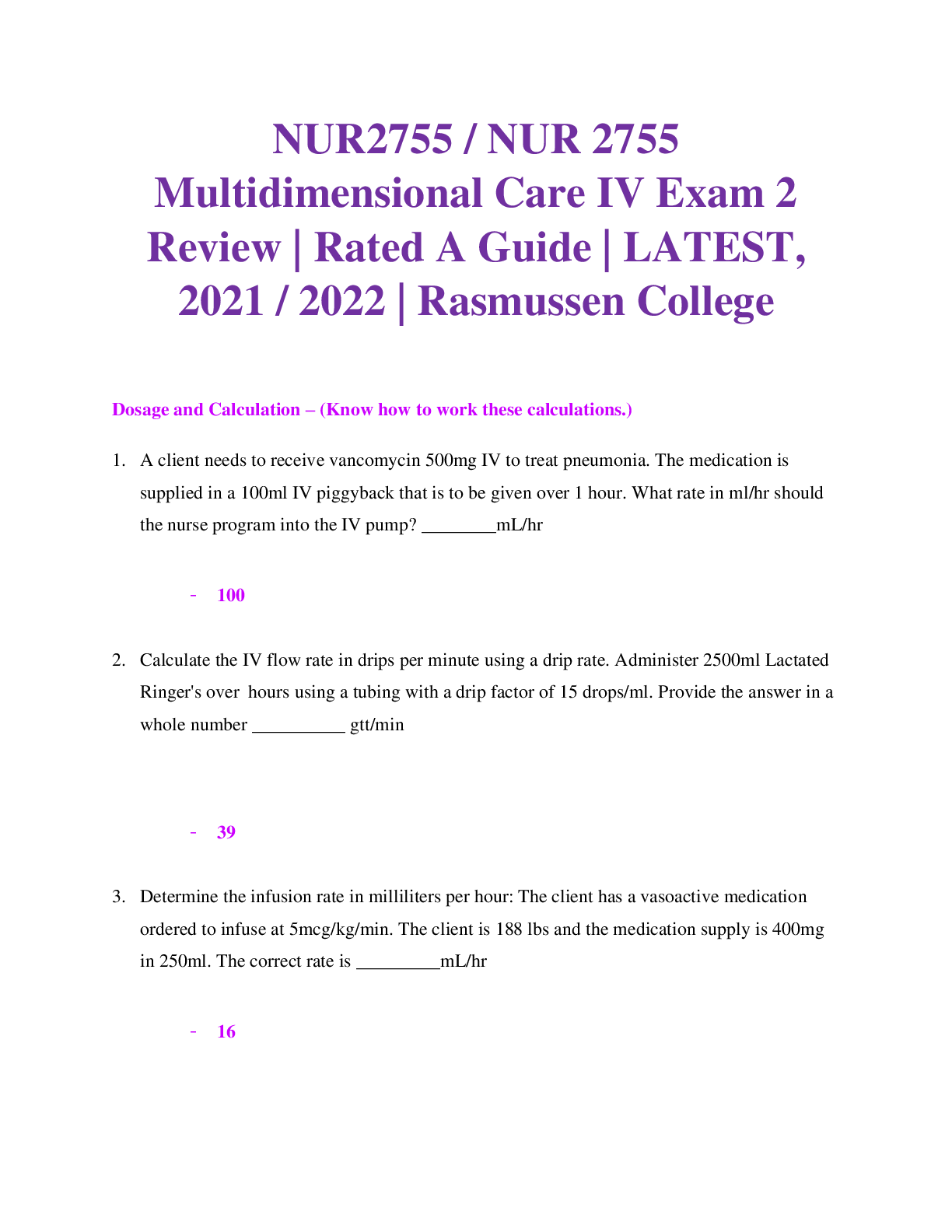 Preview image for NUR2755 / NUR 2755 Multidimensional Care IV Exam 2 Review | Rated A Guide | Rasmussen College